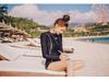 2023 Stylish Ribbed Solid Black Two-Piece Swimsuit with Long Sleeve Sun Protection