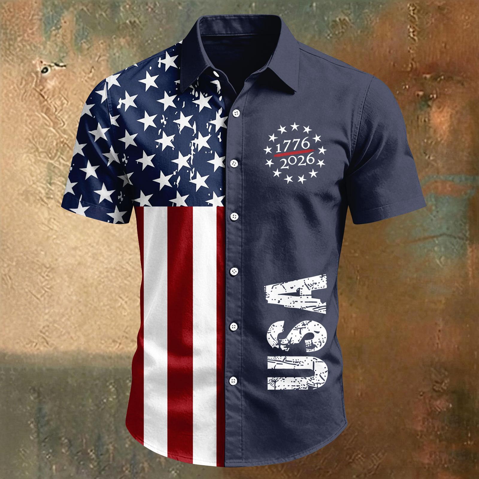 

Men s Short Sleeve Casual Button Down Shirt with Patriotic Print and Classic Collar for Summer Outdoor Activities and Daily Wear L