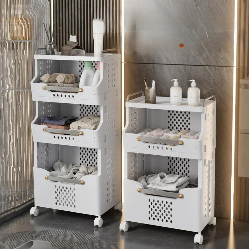 Dirty Clothes Basket Fold Plastic Move Toilet Storage Frame with Wheel Hollow Out Design High-capacity Household Storage Racks