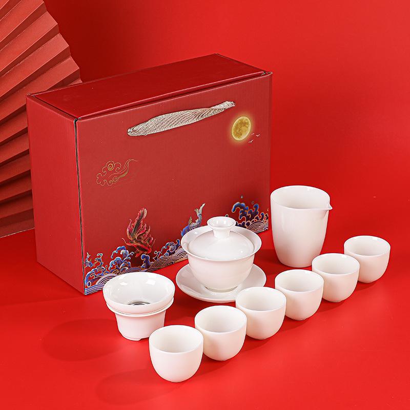 Suet jade tea set gift set creative ten heads white porcelain tea set red gift box commercial gift