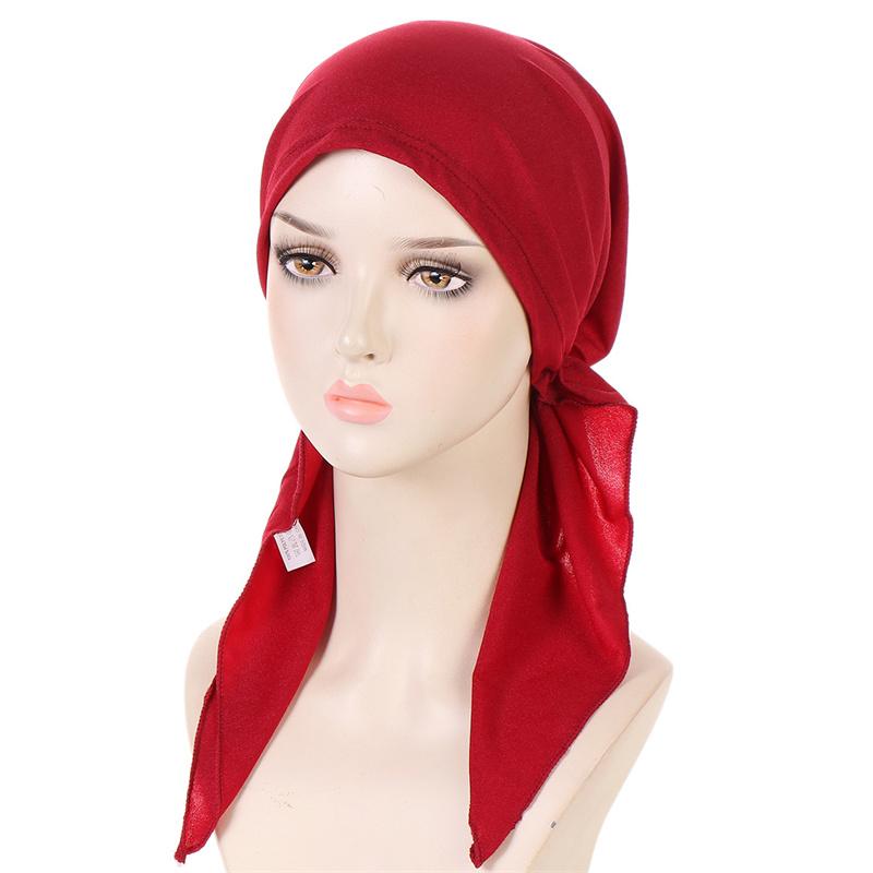 Ramadan Muslim Women Hijab Caps Solid Color Ladies Headscarf Soft Hijab Turban Bonnet Two Tail Bandana Hat Chemo Cap