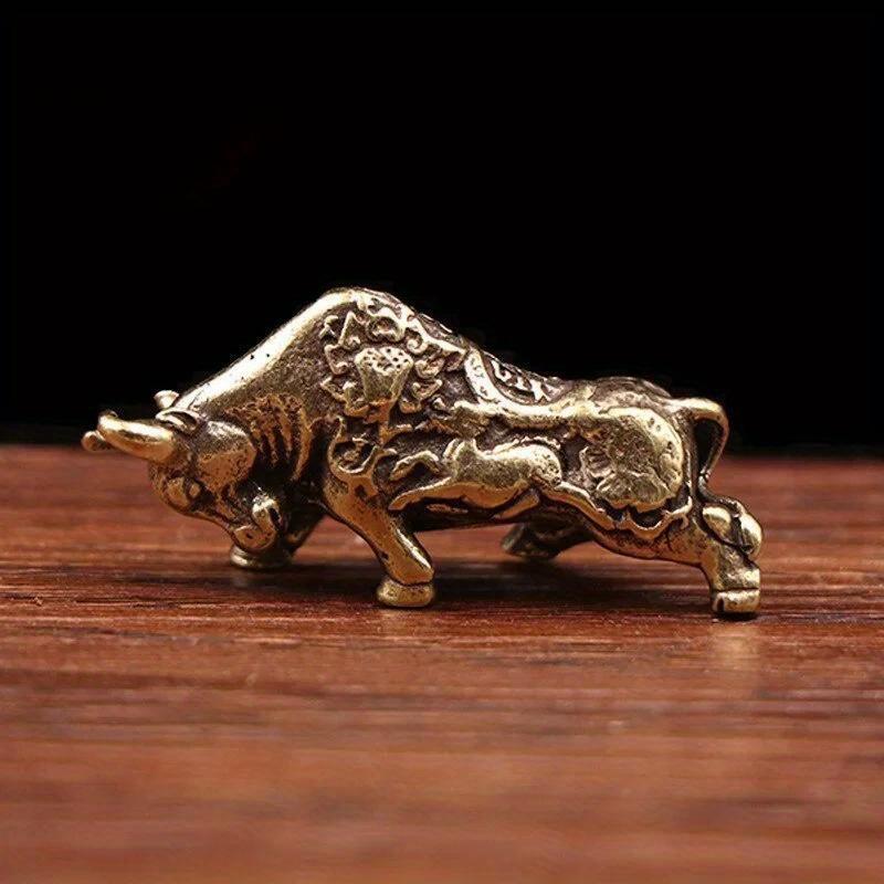 Brass Lucky Bull Statue, Copper Animal Figurine for Home & Office Desk Decor, Wealth Bring Ornaments