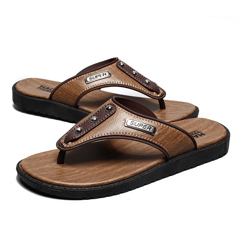 Fashion Summer New PU Leather Flip Flops Casual Clip On Men's Shoes Beach Slippers Outdoor Breathable Comfortable Men Simple Sandals