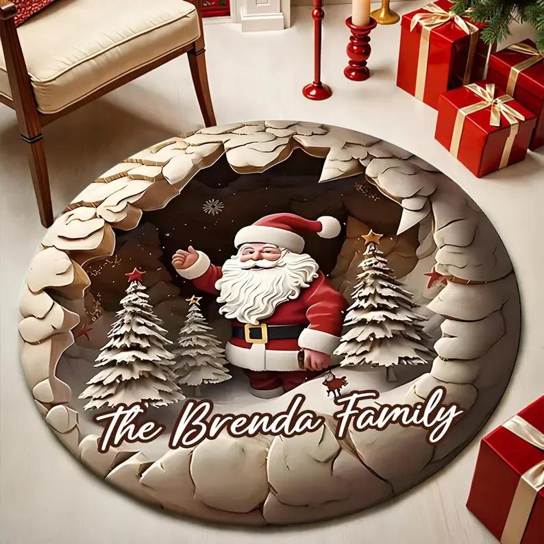 Personalized 3D Santa Claus X-Mas Rug Family Name Round Carpet Realistic Holiday Decor Perfect X-Mas Gift for Family or Friends 40x40cm