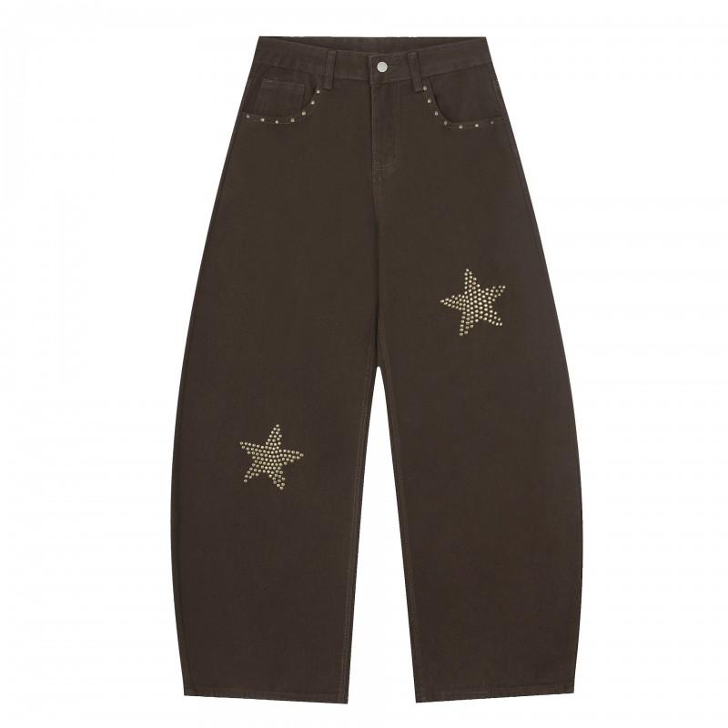 Unisex Streetwear Loose Fit Cotton Trousers With Star Detail - Black Coffee Color Straight Leg Casual Pants