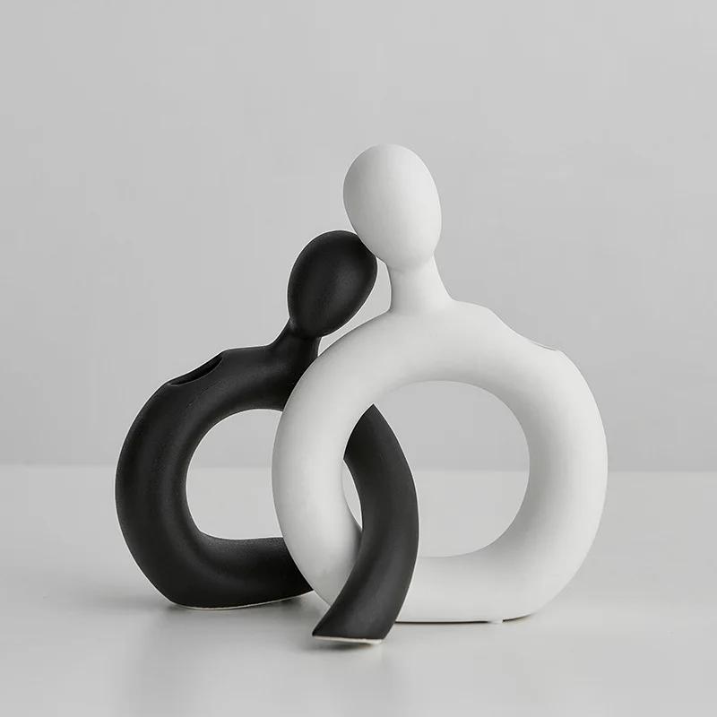 Creative Ceramic Figure Vase Couple Abstract Hollowed-out Flower Arrangement Ornaments Flower Vase Creative Display Home Decorat