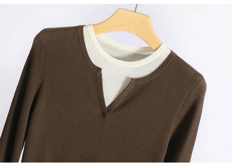 Women's 60s Fine Wool Color Block Sweater, Slim Fit, Elastic Round Neck, Fake Two-Piece Knitwear for Spring & Autumn