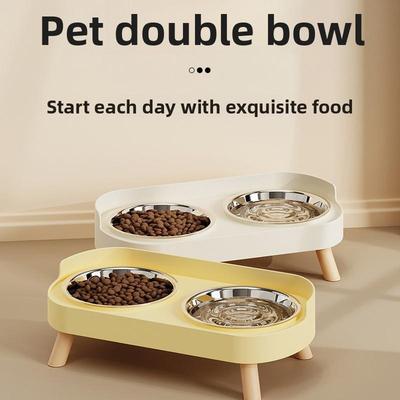 Cat Bowl, Ceramic Double Bowl, Anti-tipping Pet Bowl, Water and Food Integrated Stainless Steel Dog Bowl, Neck Guard Bowl