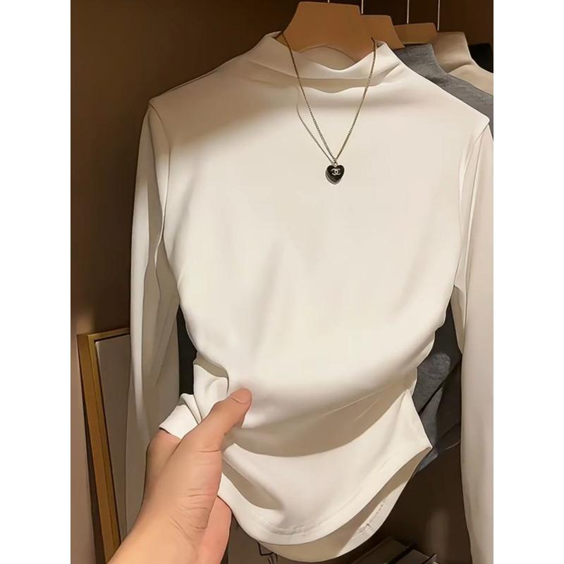 Waist Pleated Irregular Bottoming Shirt Women's Spring Slim and Thin Spice Girl Style Long-sleeved T-shirt with Top Inside