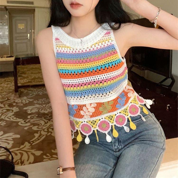 

Радужный жилет-камисоль Летний Горячий Девушка Ажурный Крючок Цветок Короткий Трикотажный Топ Тканый Камзол one size белый