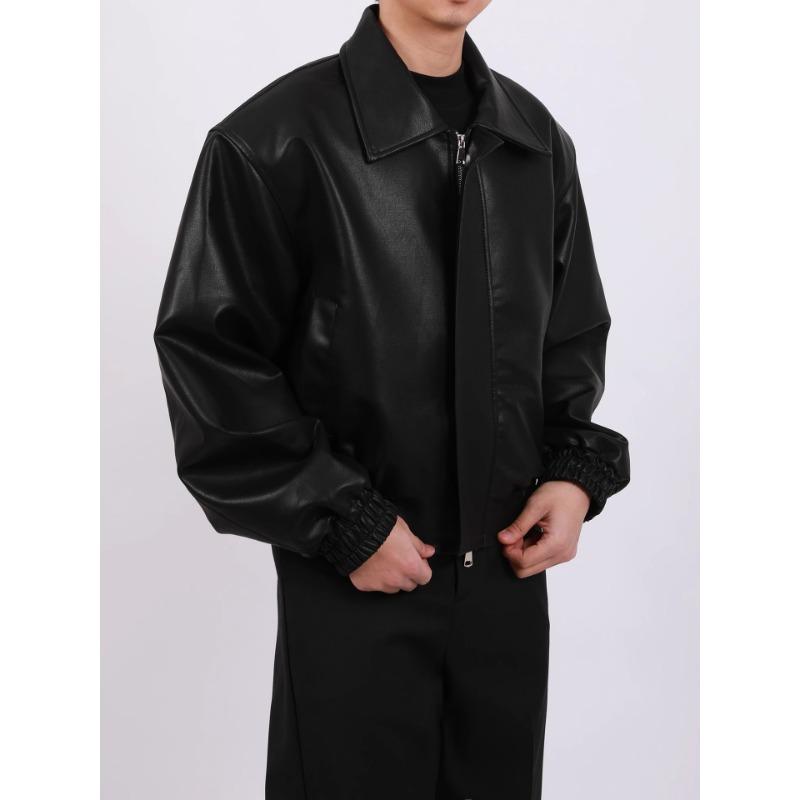 Men Loose Casual Short Pu Leather Turn Down Collar Street Fashion Jacket