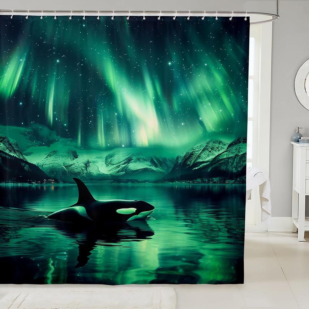 Kreskówka Śmieszne Zwierzę Zasłona Prysznicowa Odważny Kot Jadący na Rekinie Zasłona Prysznicowa Dzieci Chłopcy Dziewczynki Fala Oceaniczna Styl Japoński Wystrój Wieloryb