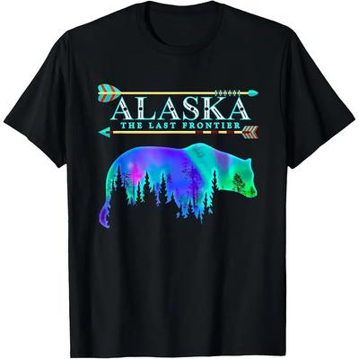 Alaskan Bear Northern Lights T-Shirt Men Casual Cotton Graphic Print Vacation Tee