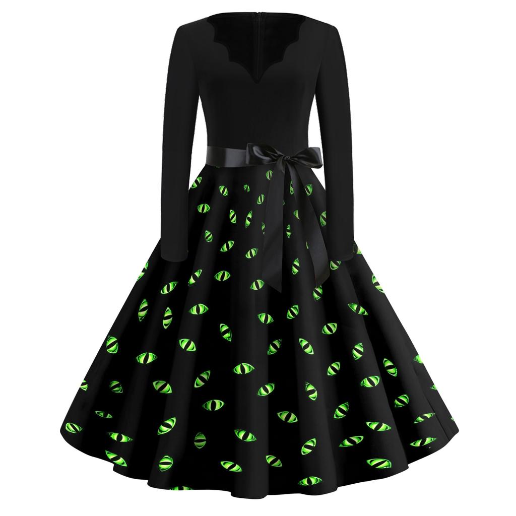 Womens Casual Halloween Print V Neck Vintage Dress Long Sleeve A Line Retro Style Midi Dress with Waist Tie