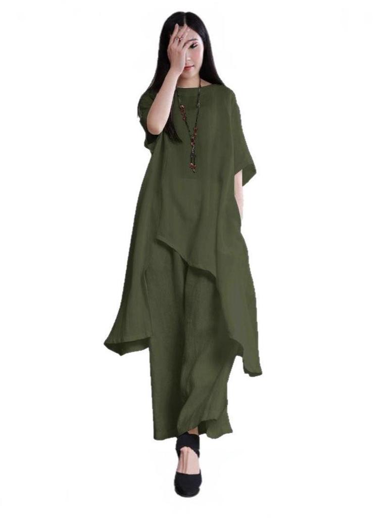 Plus Size Women's Southeast Asian Sportswear Set: Short Sleeve Top & Casual Long Pants.