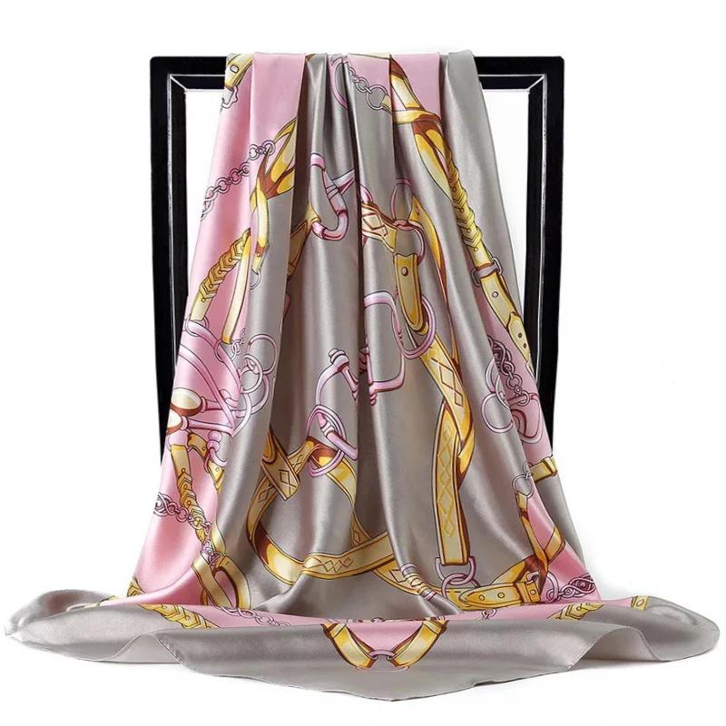 90*90Cm Satin Scarf For Women Cashew Flower Print Chain Scarf Spring And Summer  Style Shawl Scarf For Women   Style