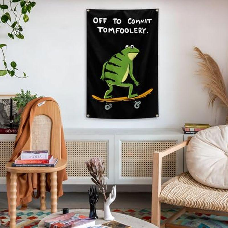 Off To Commit Tomfoolery Frog Skateboard Wall Tapestry Black Background Green Toad Funny Quote Humor Bedroom Living Room