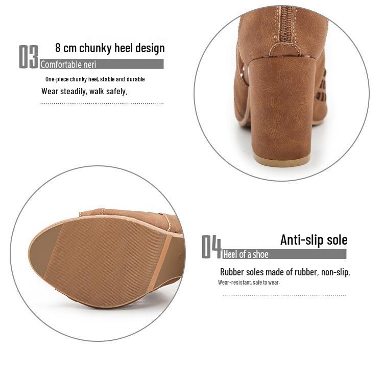 Peep-Toe Chunky Heel Sandals: 2025 Summer Plus-Size Collection for Women – European & American Style, Hollow Design