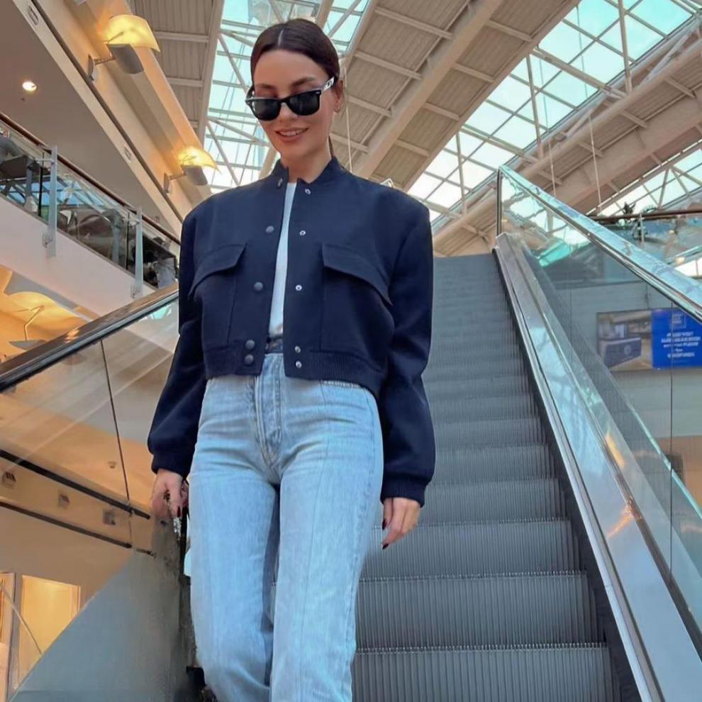 Chaqueta bomber blanca de aviador con botones para mujer, abrigo corto de manga larga, estilo aviador, para otoño e invierno.