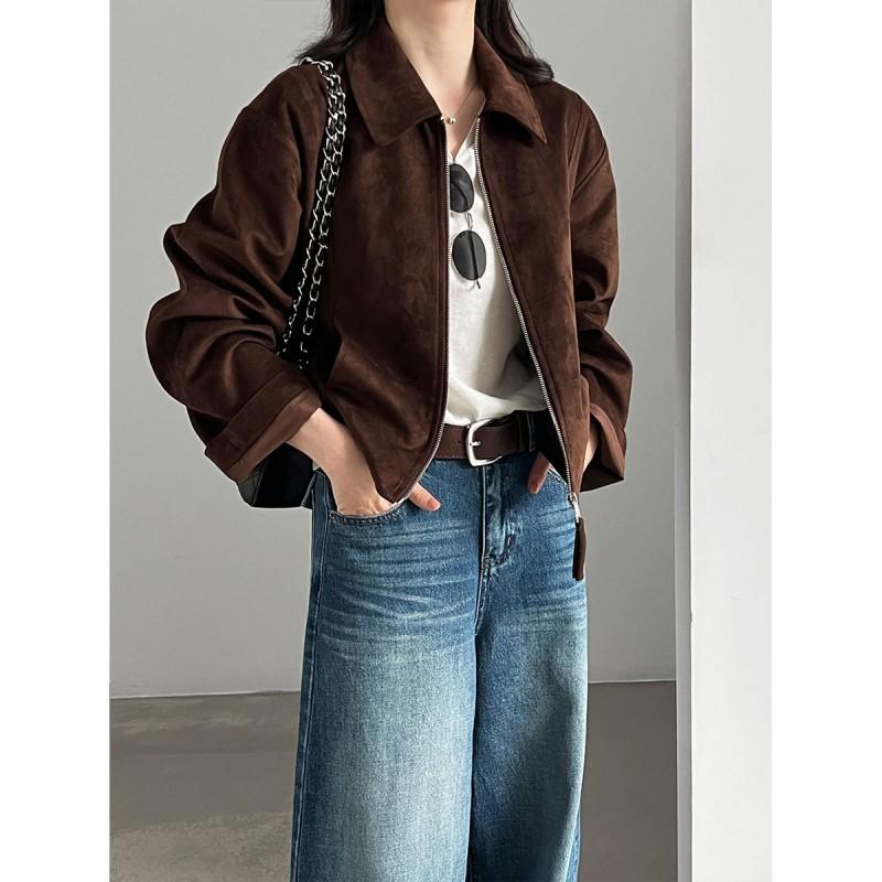 Womens Suede-Like Vintage Collar Short Jacket Fall 2026 Casual Slim Fit Outerwear In Coffee Brown
