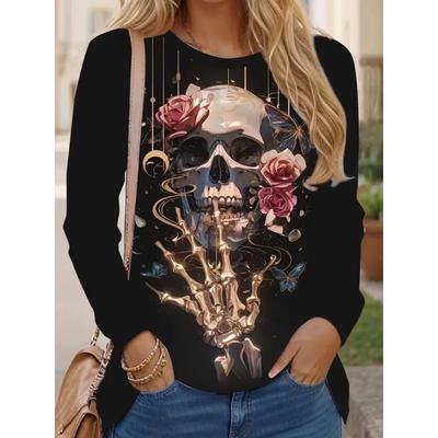 Women's Autumn and Winter 3D Printed Crew Neck Long Sleeve T-Shirt Fashion Versatile Trend Breathable Casual