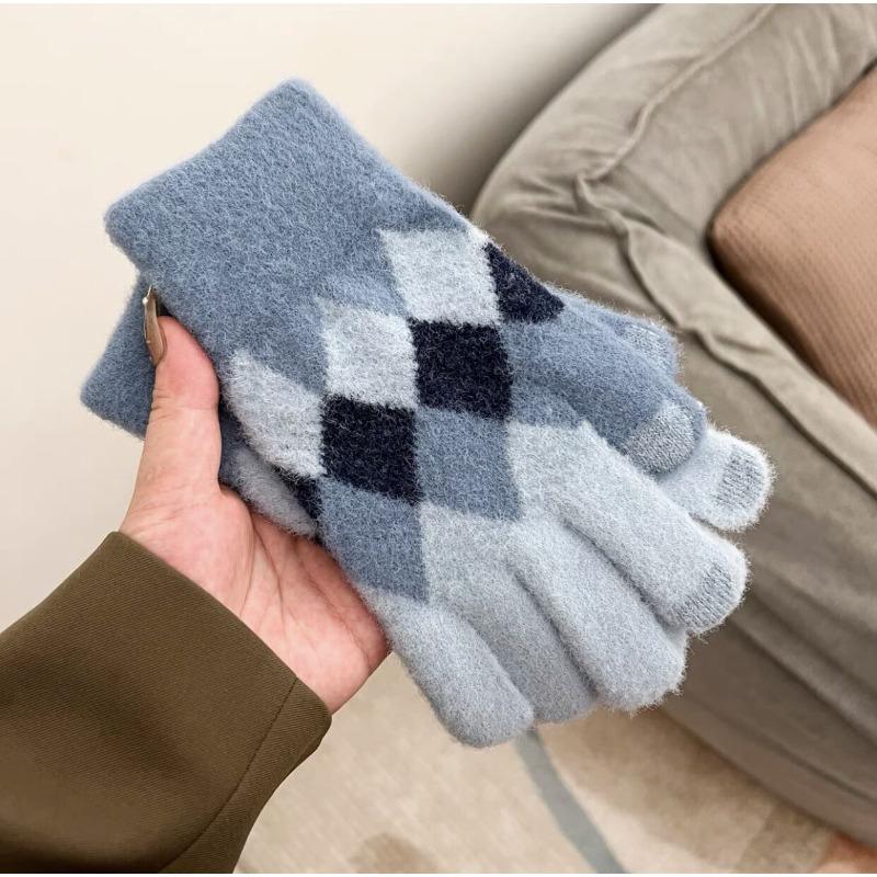 Cartoon Thermal Gloves Women Winter Thickened Cute Couple Student Cold Knitted Wool Riding Five Fingers