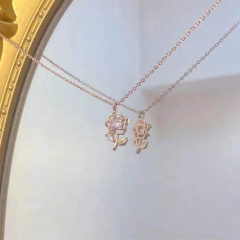 1pc Rose Gold Pink Diamond Rose Necklace  Minimalist Fashion Jewelry, Stylish Pendant Chain Suitable for Daily Wear, Party & Gat