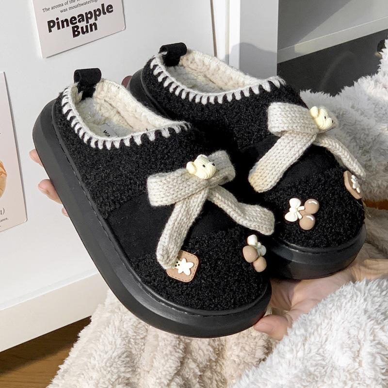 Fashion Women Winter Warm Flat Cotton Slippers Female Cute Bear Home Furry Thick Warm Slides Ladies Comfort Non Slip Indoor Cotton Shoes