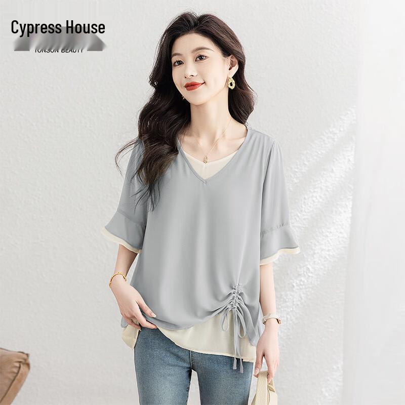 

Women s 2026 Summer Loose Fit Color-Block Double-Layer Collar Blouse M
