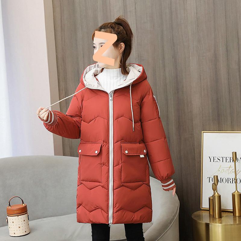 Winter lässige Damen mittellange Kapuzen-Baumwolljacke, lockere Baumwollkleidung, farbblockierte Brotjacke, gesteppte Jacke