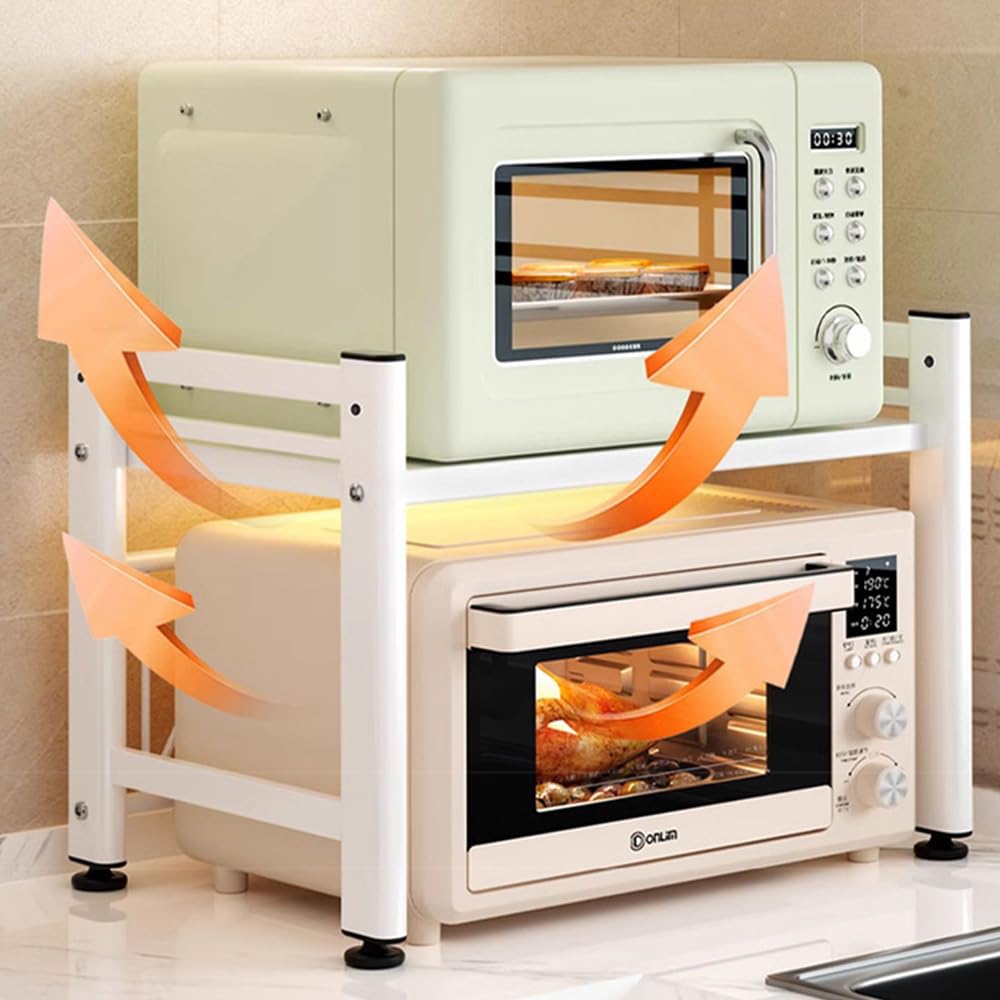 Over-the-sink Kitchen Storage Rack, Toaster Rack, Microwave Stand, 40-60cm Wide, Extendable, with 6 Hooks (white)