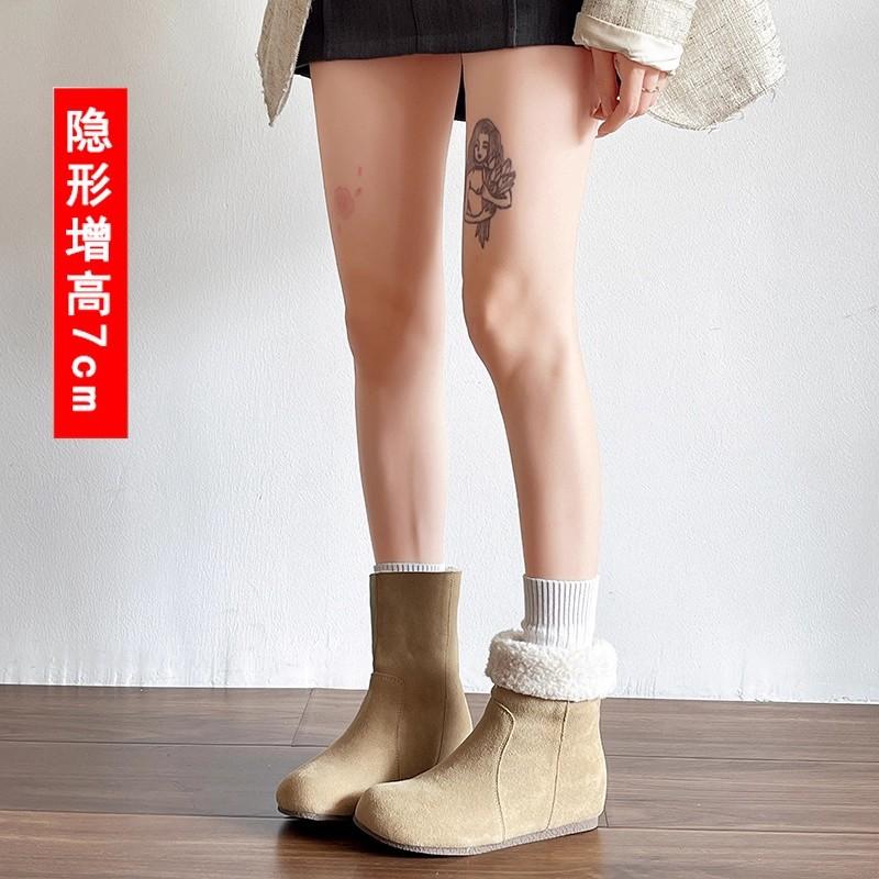 Inner Height Increase Cm Retro Round Head Snow Boots, Plush Warm Fluffy Cotton Boots, Two Wear Flat Leather Short Boots
