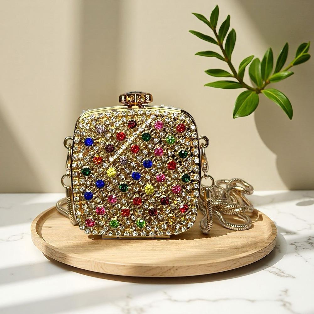 

Gold Silver Evening Bag Metal Chain Rhinestone Decoration Mini Crossbody Bag Photo Props Mini Size Hard Box Bag Fashion Occasion
