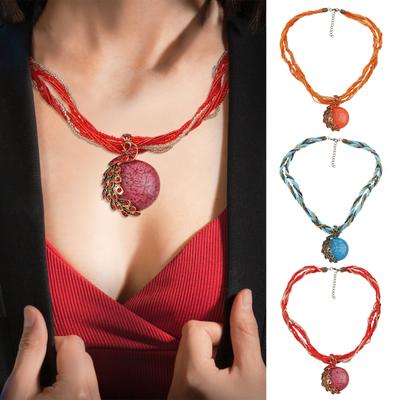 Bohemian Peacock Gemstone Temperament Women's Retro Rice Bead Necklace Sweater Chain Ethnic Pendant Woven Rope