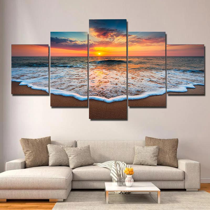 5 pieces Seaside Landscape Canvas Painting, Sunrise, Sunset, Coconut Trees and Ocean Waves, For Home Room Hotel Decor, No Frame