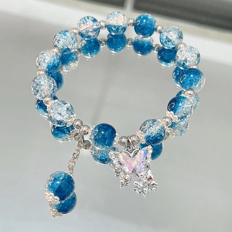 Brățară Exquisită cu Mărgele, cu Glazură Gradientă Crăpată ca Gheața cu Fluturi, Elastică, Dulce, Drăguță, Bijuterii