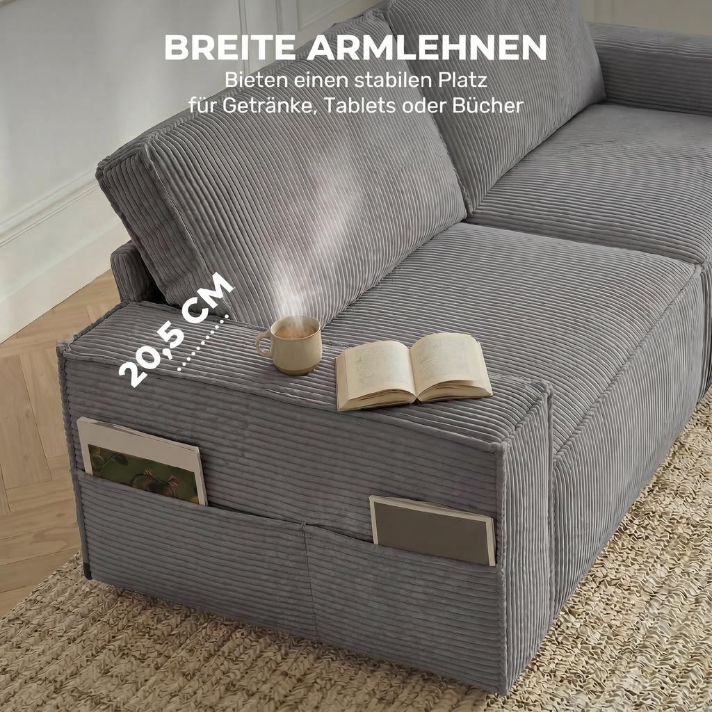 218 cm 3-Seater Sofa, Modern Corduroy Sofa with Pocket Spring Upholstery, Wide Armrests and 2 Cushions, Light Grey