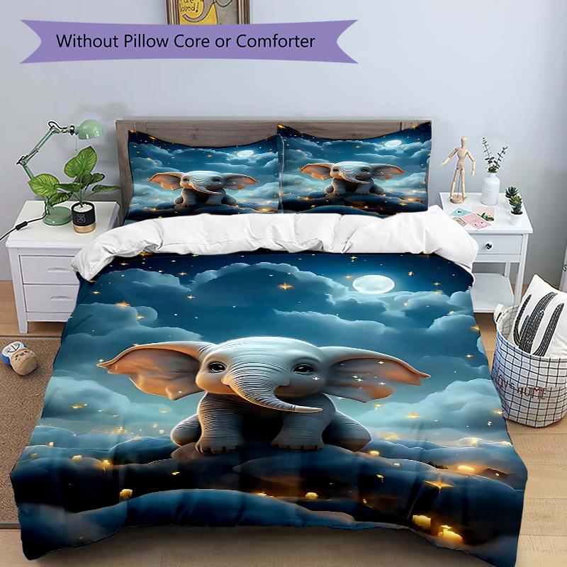 3pcs Anime Elephant Cloud Night Sky Comforter Set with One Quilt Cover and Two Pillowcases (No Core) - Festive Gift for Bedroom Decor, Polyester Fabri 135x200cm