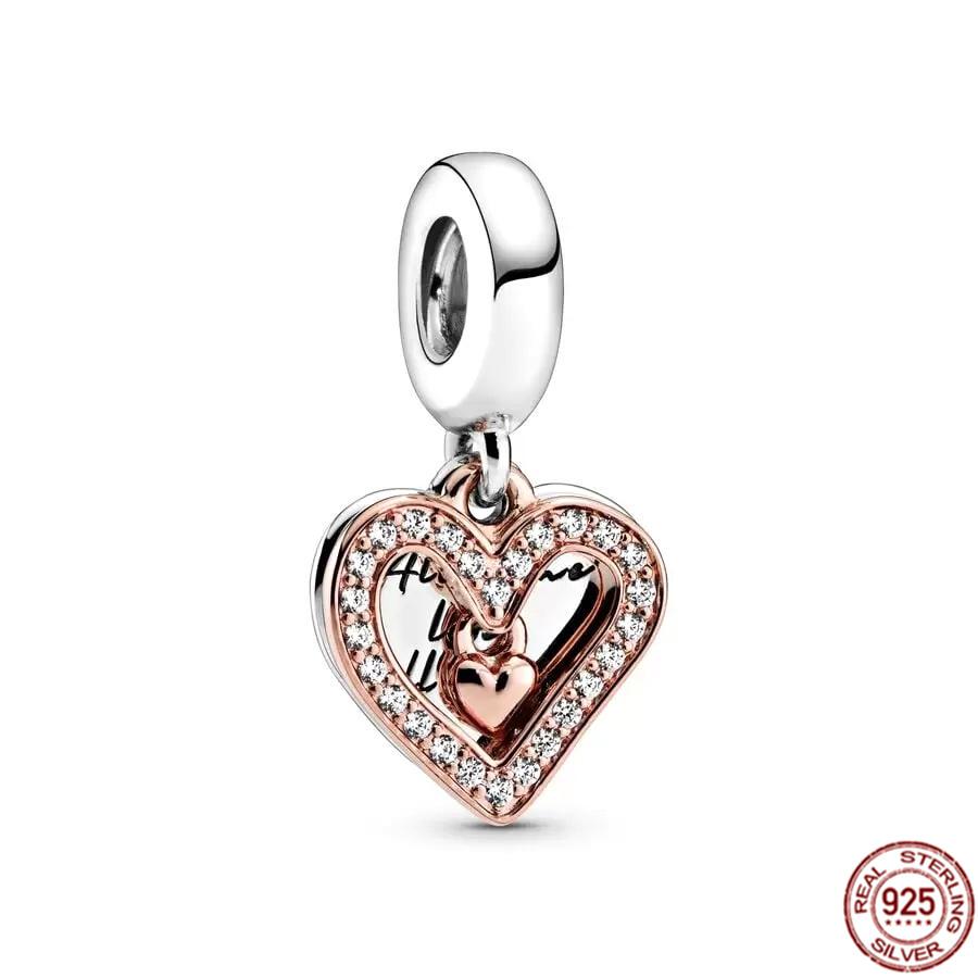 Fine S925 Sterling Silver Love You Mom Double Heart Split Dangle Charm Beads Fit Original  Bracelet DIY Women Jewelry Gift