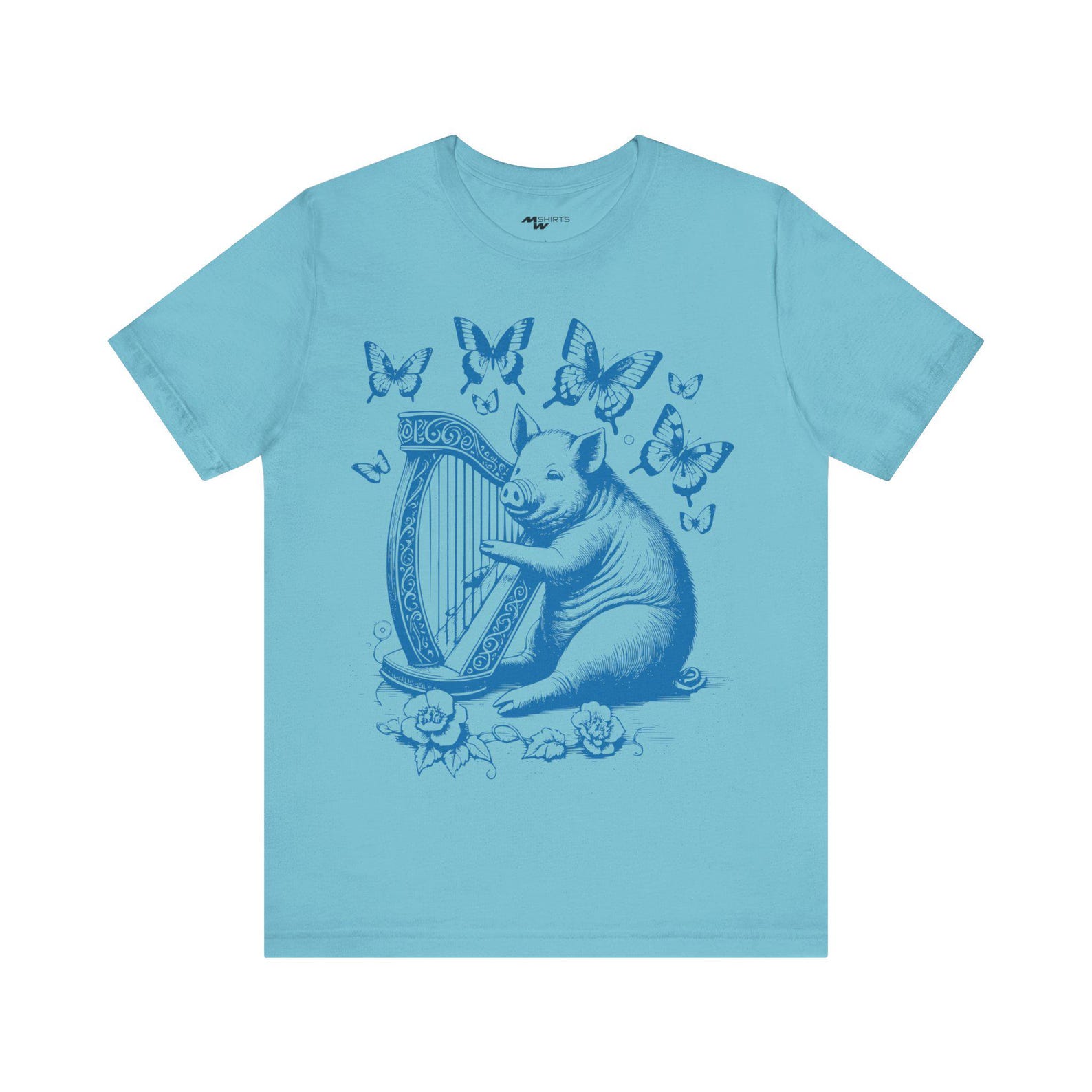Pig Playing Harp T-Shirt: Engraving Style, Whimsical Butterfly Design XL