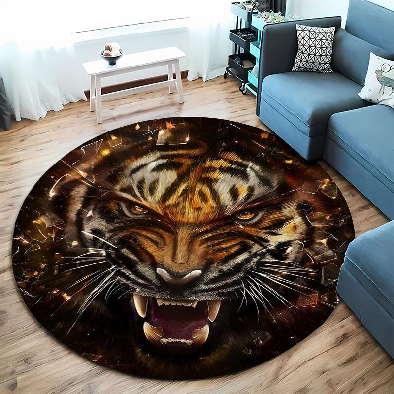 3D Tiger Head Pattern Large Round Carpet Anti Slip Polyester Fiber Office and Home Entrance Home Decoration Floor Mat Gift Rugs
