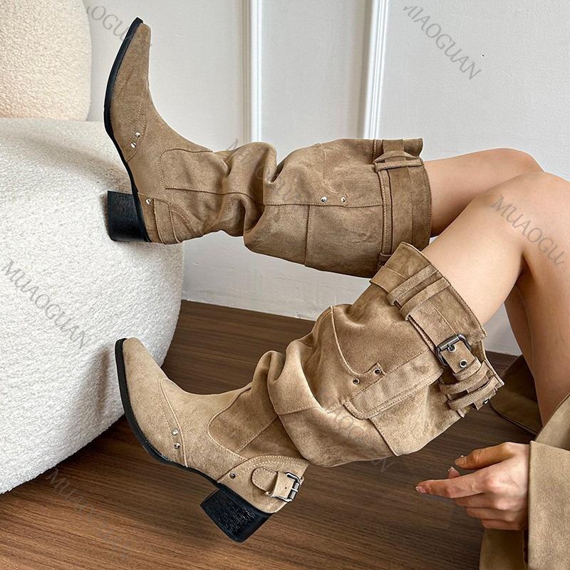 Fashion Pointed Toe Women High Boots Fashion Shoes Chunky High Heels Elegant Shoes 2025 Spring Autumn Women's Long Motorcycle Botas