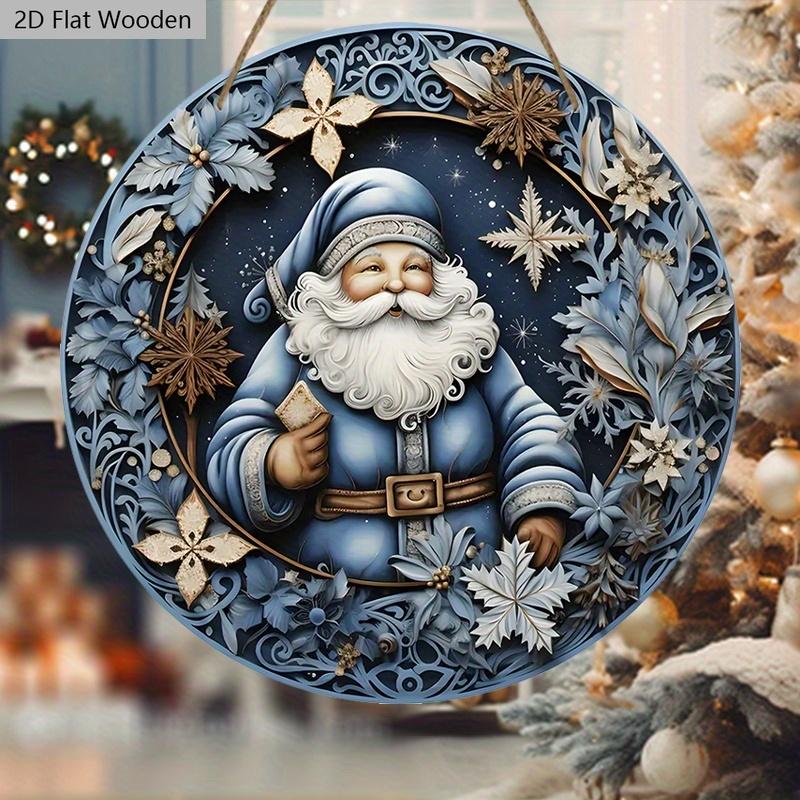 Wooden Christmas Sign with Blue Santa Claus Pattern - Navidad Round Sign for Yard Door Wall Hanging Decor - Ideal Christmas Decoration