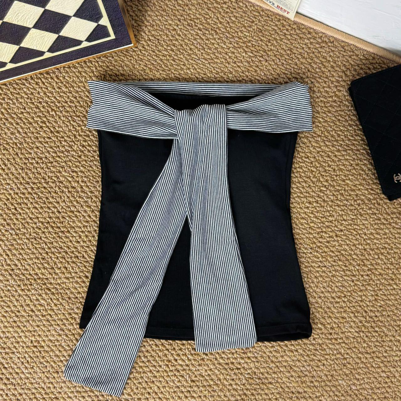 

Белый полосатый кружевной топ-бандо без рукавов на шнуровке для женщин - Летний облегающий дизайн 2025 One Size (75-120 jin)