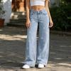Girl's Bow Cherry Print Baggy Jeans, Wide Leg Mid Waisted Denim Pants, Zipper Fly Elastic Casual Jeans Streetwear with Pockets