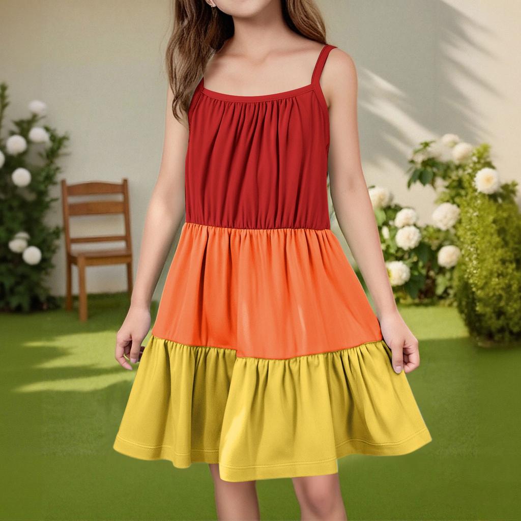 Rochie de vară casual pentru copii, cu gât rotund, culoare uni, fără mâneci