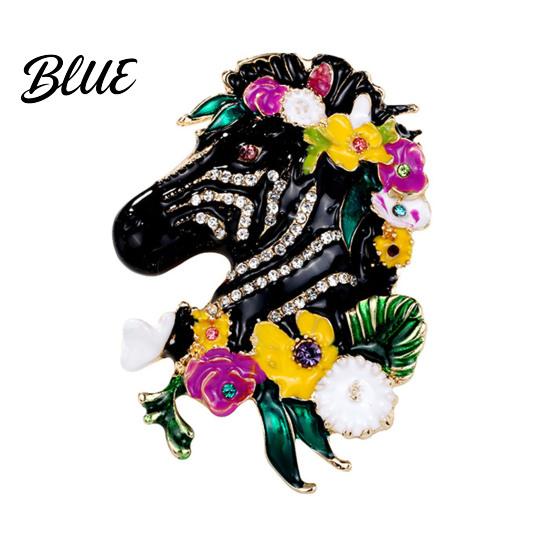 Zebra Brooch Head Enamel Rhinestone Lapel Pin with Flowers Colorful