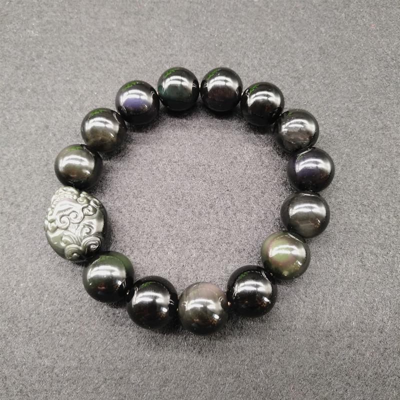 Black Obsidian Rainbow Eye Bead Bracelet with Six-Character Mantra - Unisex Buddhist Wish-Fulfilling Bracelet