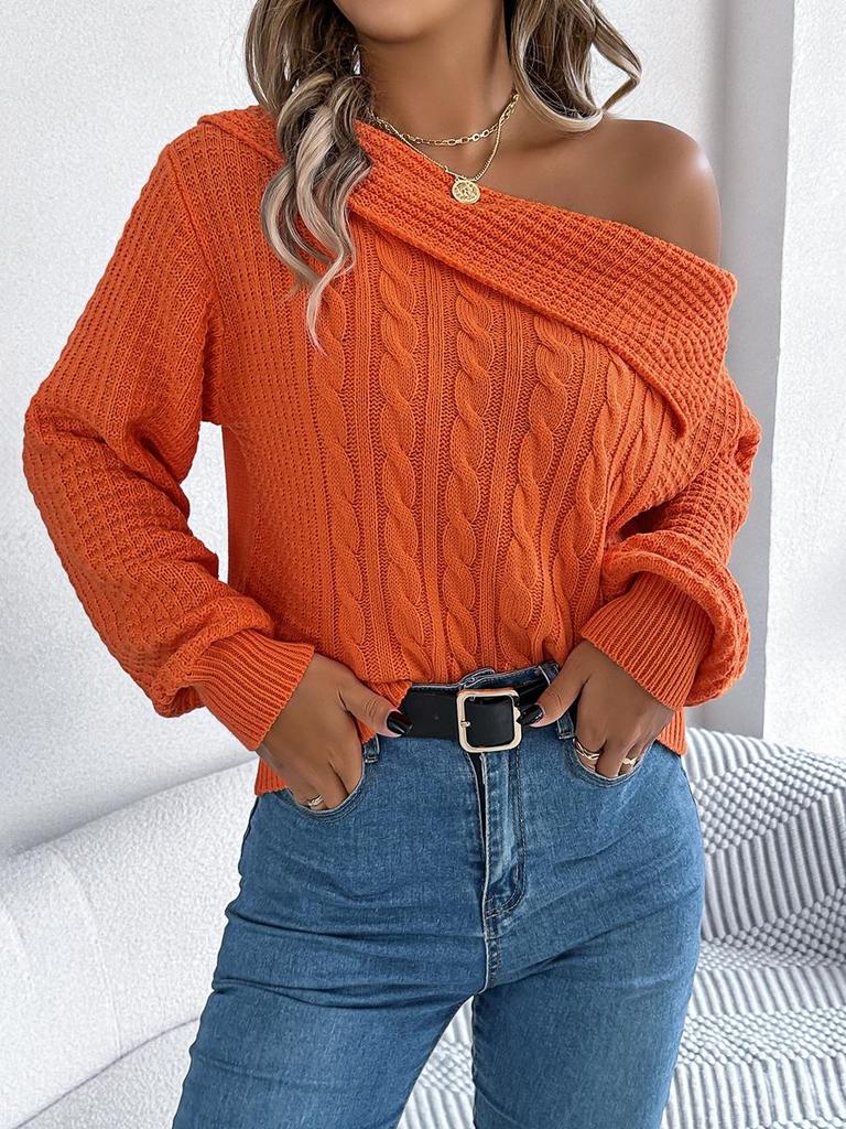 Autumn Winter Sexy Roll Neck Off-Shoulder Cable Knit Long Sleeve Pullover Sweater Women's Clothing