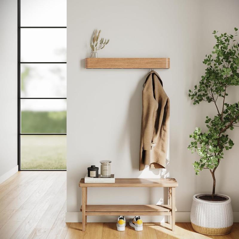 Wall Mounted Coat Rack, Modern Design Coat Rack with Hidden Wall Hooks - Solid Wood Veneer Panel Coat Hanger Walnut,1pc